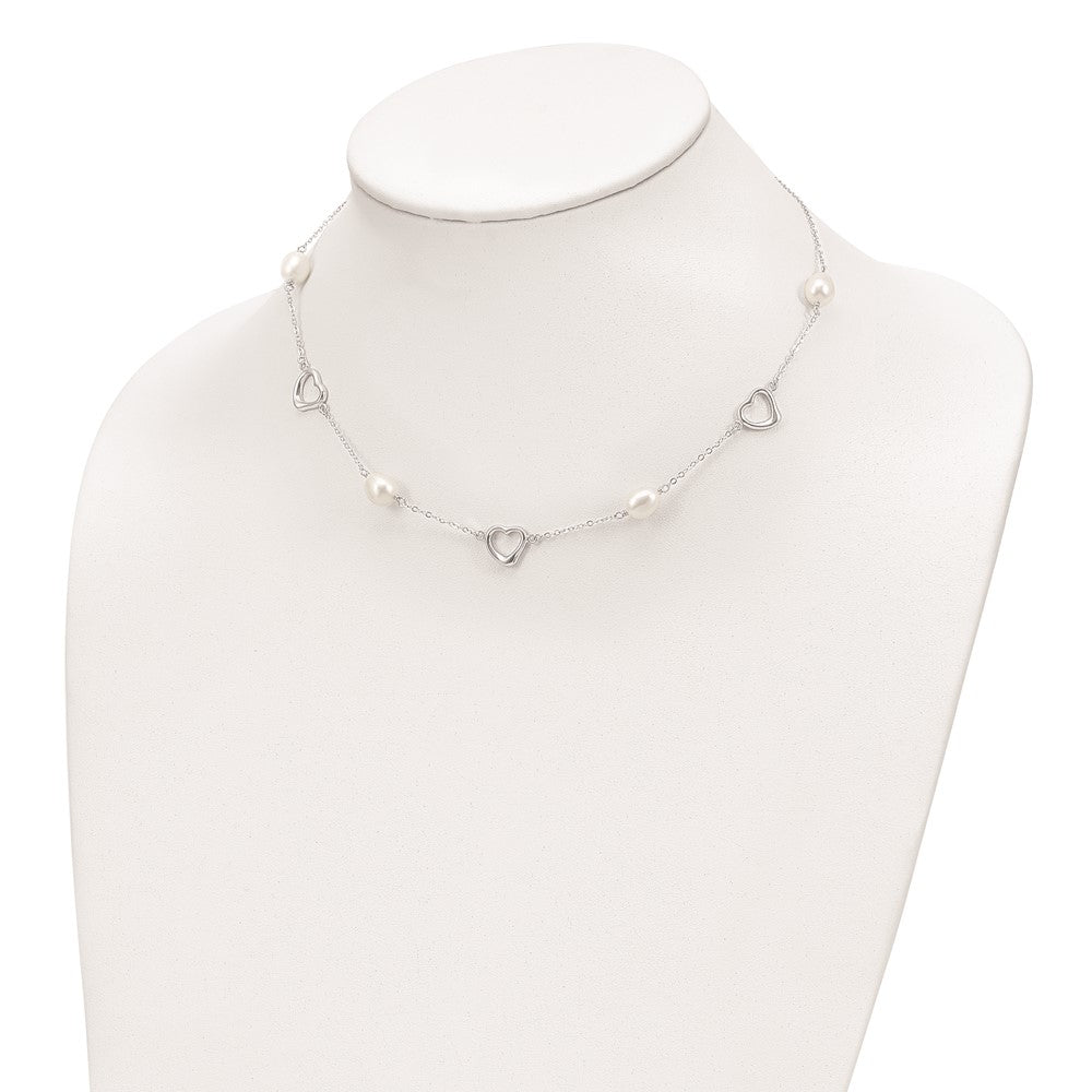 Sterling Silver Rhodium-plated 7-8mm White Teardrop Freshwater Cultured Pearl and Hearts 17 inch with 2 inch Extension Necklace QH4747-17