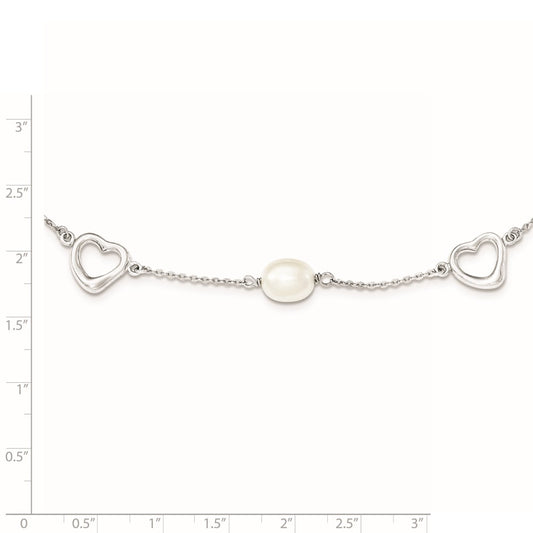 Sterling Silver Rhodium-plated 7-8mm White Teardrop Freshwater Cultured Pearl and Hearts 17 inch with 2 inch Extension Necklace QH4747-17