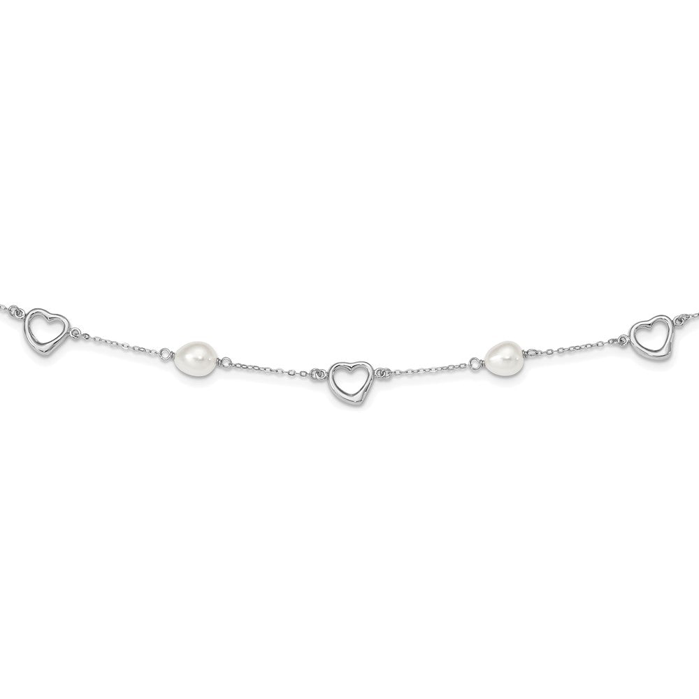 Sterling Silver Rhodium-plated 7-8mm White Teardrop Freshwater Cultured Pearl and Hearts 17 inch with 2 inch Extension Necklace QH4747-17