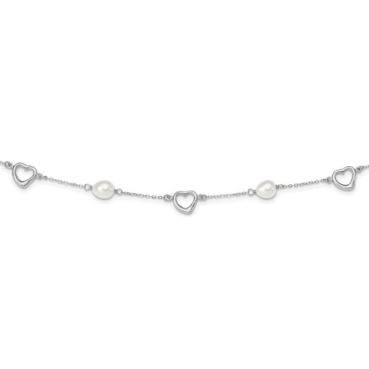 Sterling Silver Rhodium-plated 7-8mm White Teardrop Freshwater Cultured Pearl and Hearts 17 inch with 2 inch Extension Necklace QH4747-17