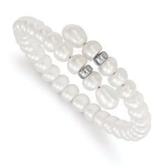 Sterling Silver Rhodium-plated 6-8mm White Button and Rice Freshwater Cultured Pearl Flexible 7.5 inch Bracelet QH4818-7.5