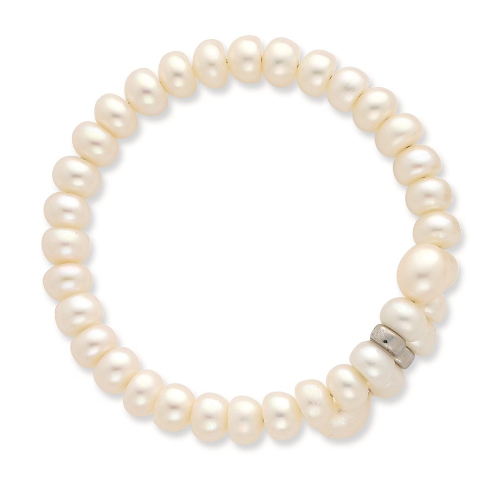 Sterling Silver Rhodium-plated 6-8mm White Button and Rice Freshwater Cultured Pearl Flexible 7.5 inch Bracelet QH4818-7.5