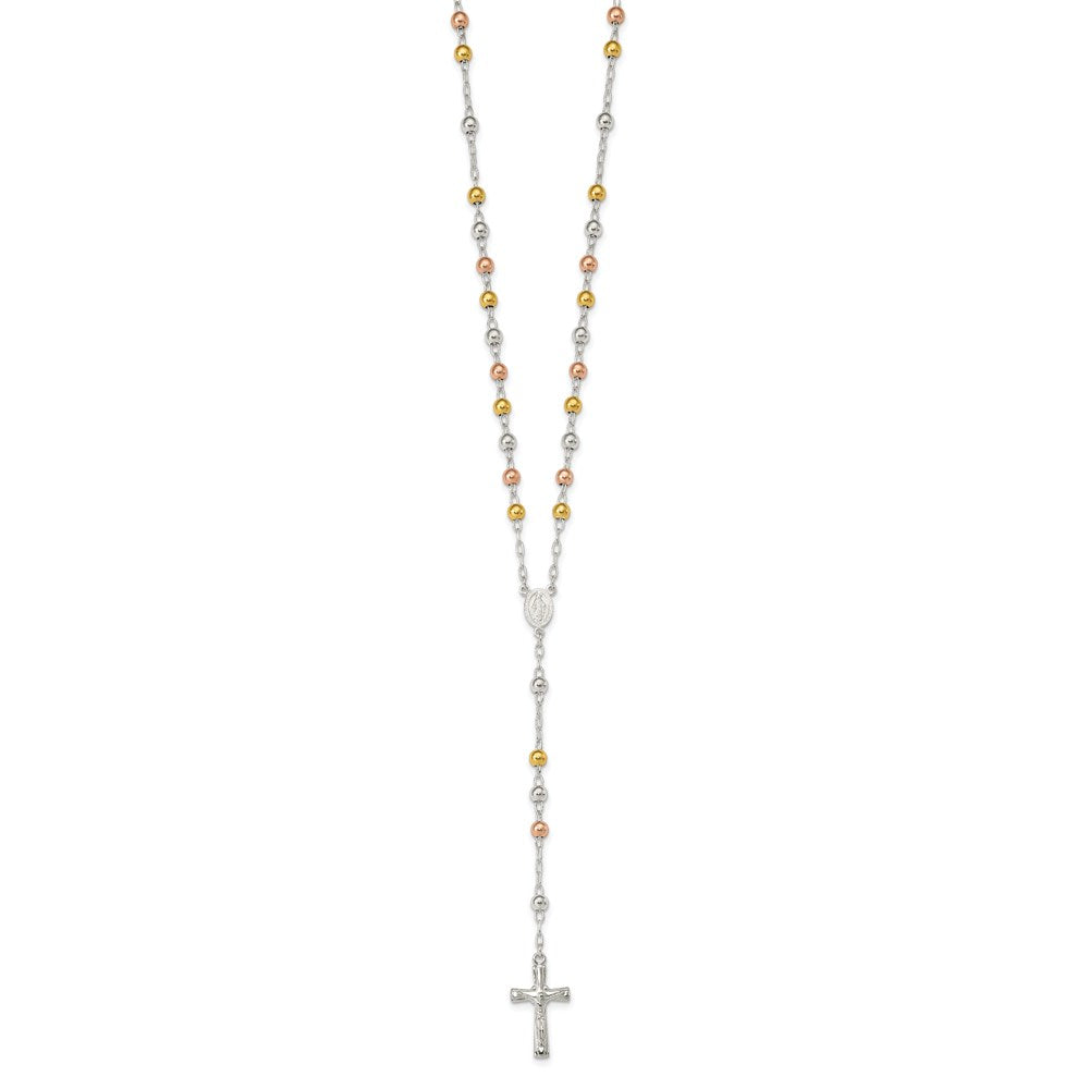 Sterling Silver Polished Rosary Tri-color Beads Necklace QH4987