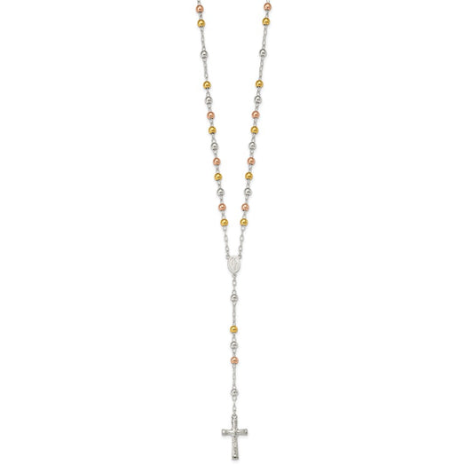 Sterling Silver Polished Rosary Tri-color Beads Necklace QH4987