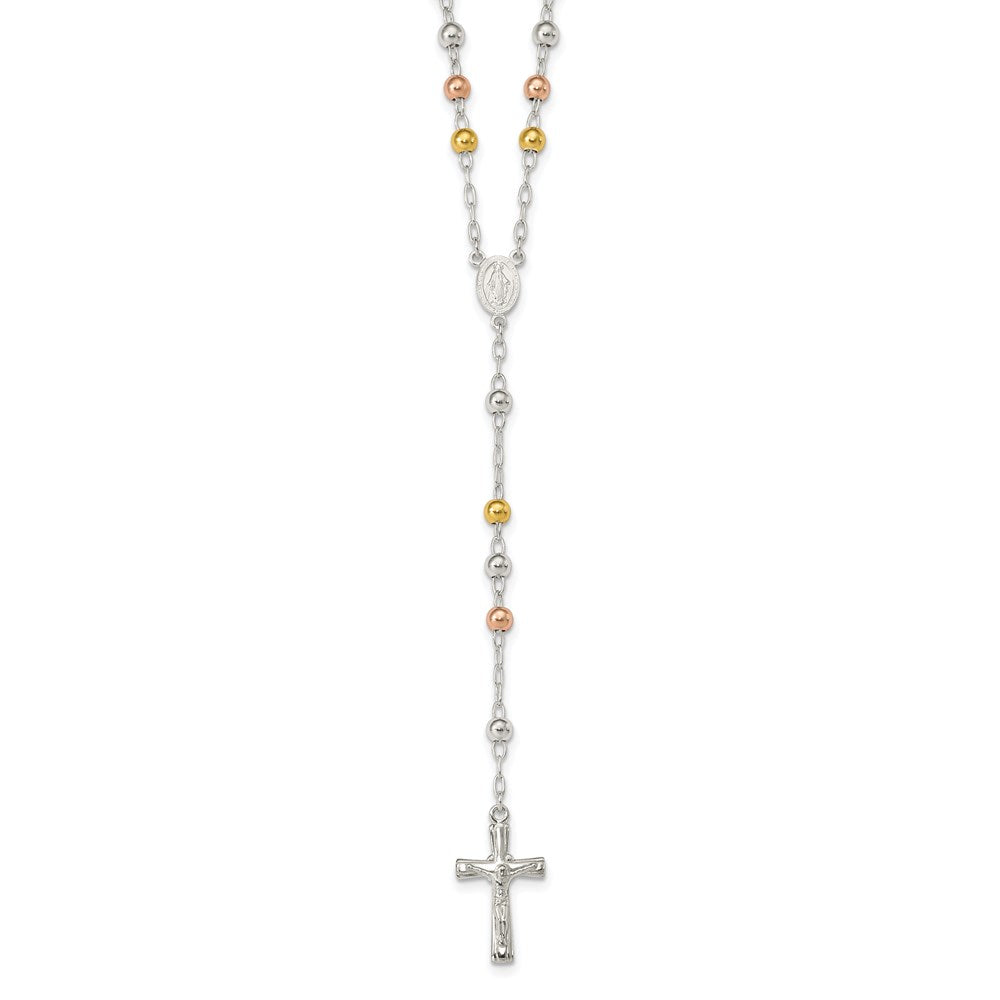 Sterling Silver Polished Rosary Tri-color Beads Necklace QH4987