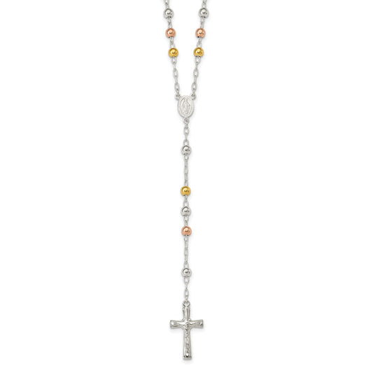 Sterling Silver Polished Rosary Tri-color Beads Necklace QH4987