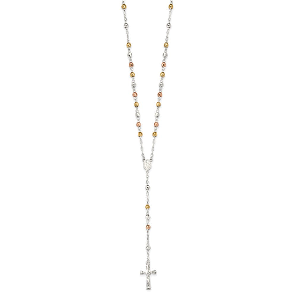 Sterling Silver Tri-color Polished Textured Bead Rosary 26 inch Necklace QH4989