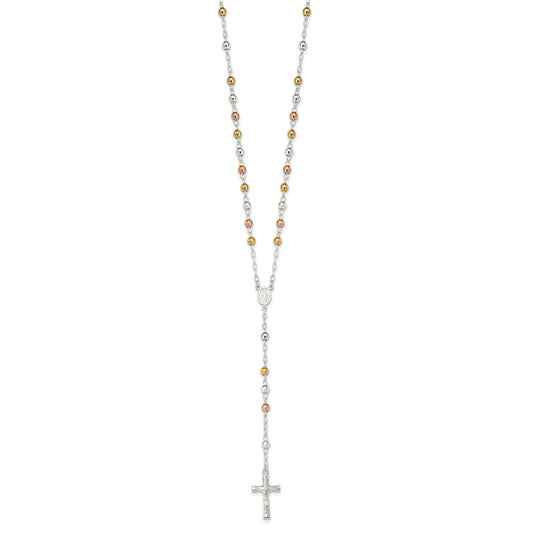 Sterling Silver Tri-color Polished Textured Bead Rosary 26 inch Necklace QH4989