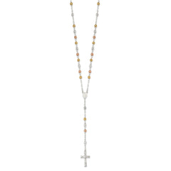 Sterling Silver Tri-color Polished Textured Bead Rosary 26 inch Necklace QH4989