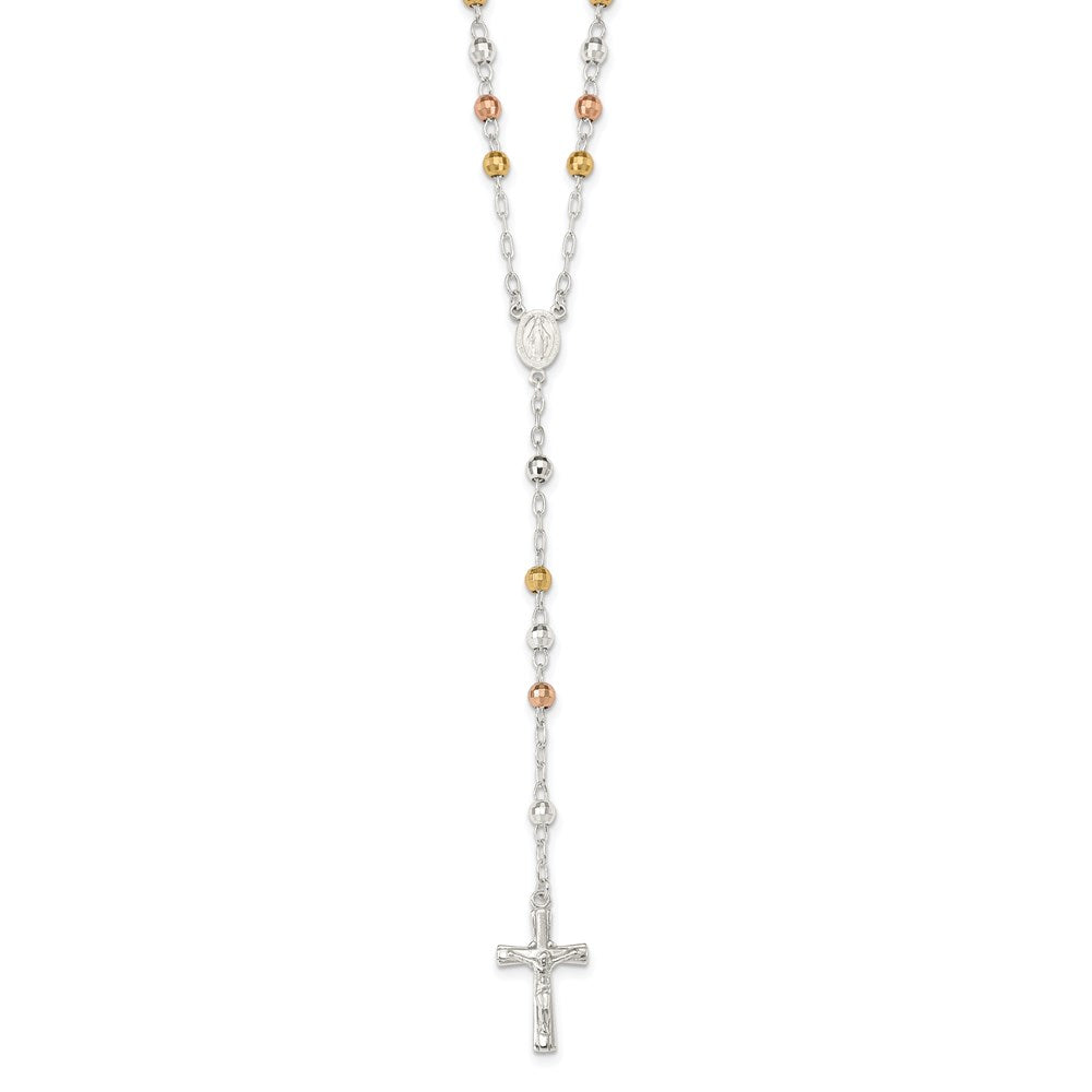Sterling Silver Tri-color Polished Textured Bead Rosary 26 inch Necklace QH4989
