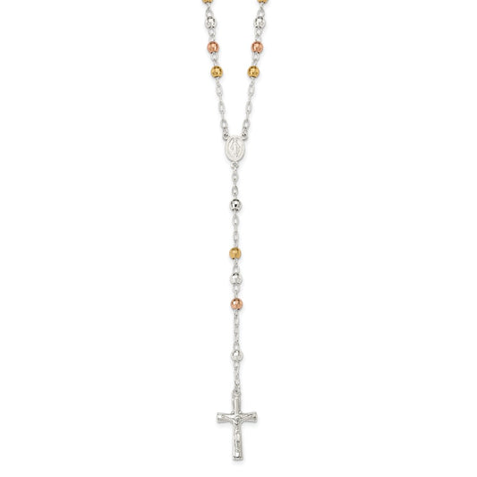 Sterling Silver Tri-color Polished Textured Bead Rosary 26 inch Necklace QH4989