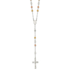 Sterling Silver Tri-color Polished Textured Bead Rosary 26 inch Necklace QH4989