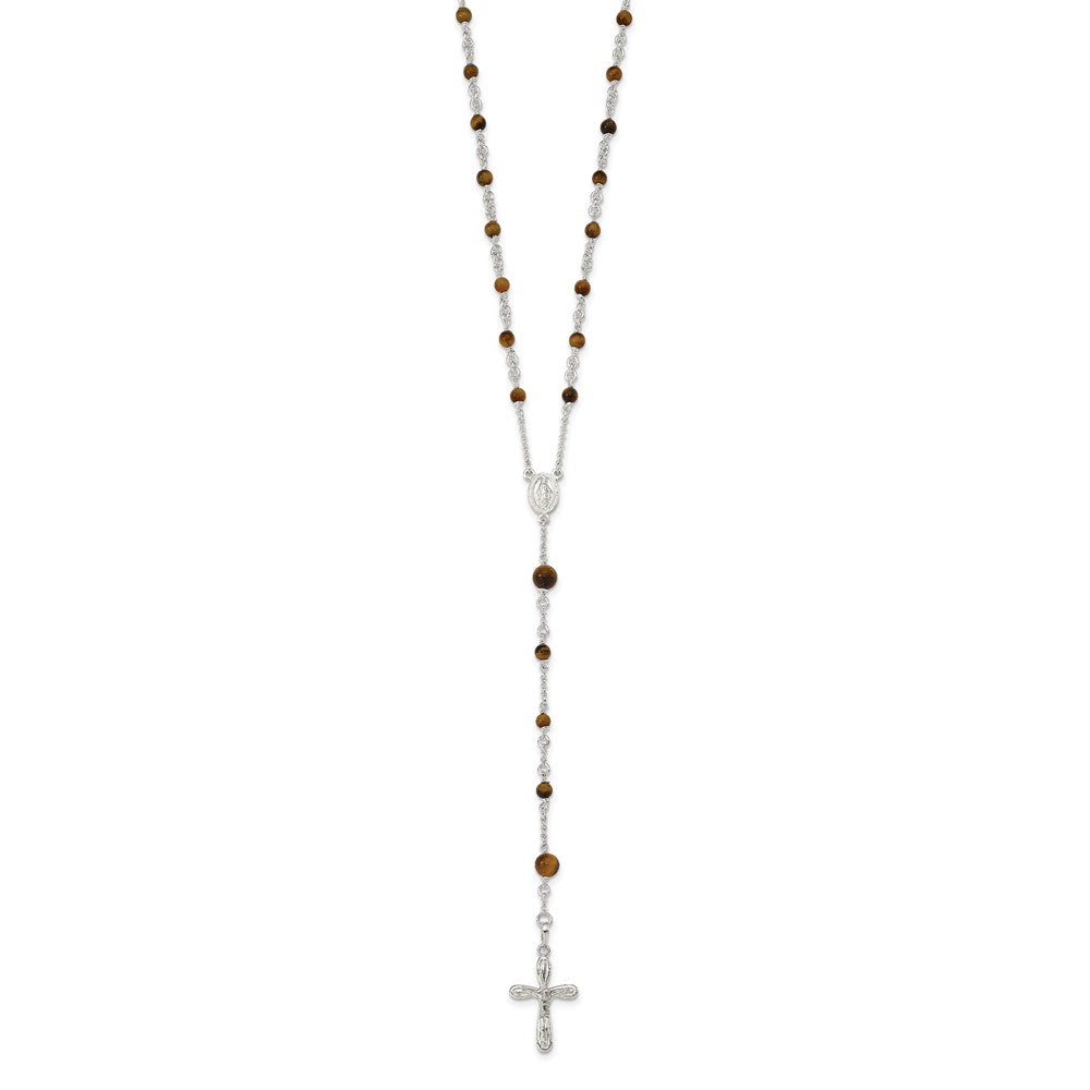 Sterling Silver Polished Tiger Eye Bead Rosary 33 inch Necklace QH4991