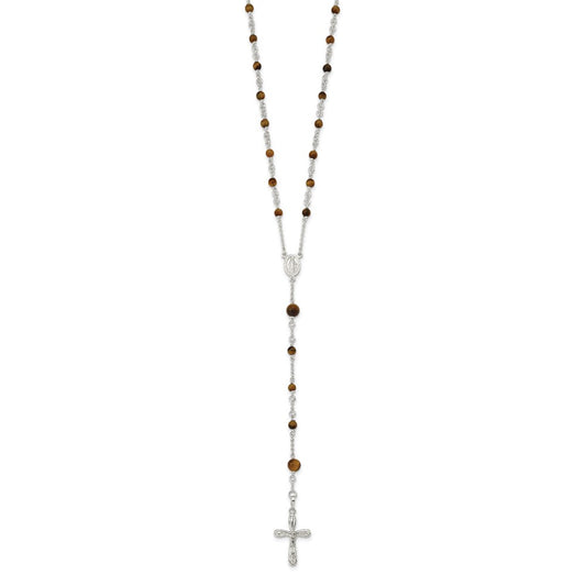 Sterling Silver Polished Tiger Eye Bead Rosary 33 inch Necklace QH4991