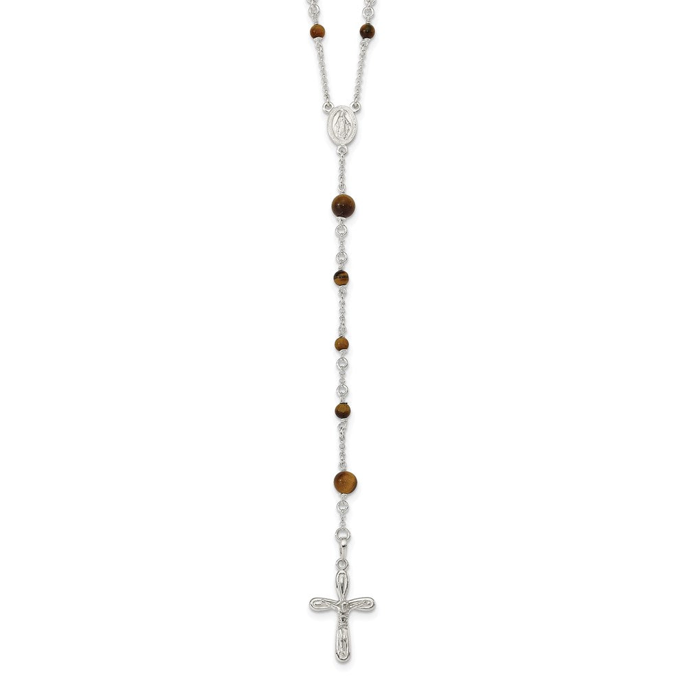Sterling Silver Polished Tiger Eye Bead Rosary 33 inch Necklace QH4991