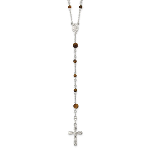 Sterling Silver Polished Tiger Eye Bead Rosary 33 inch Necklace QH4991