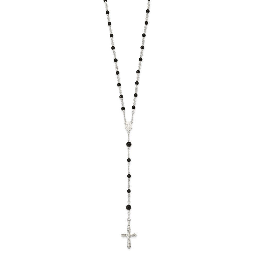 Sterling Silver Polished Black Onyx Rosary Necklace QH4998