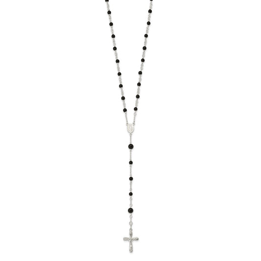 Sterling Silver Polished Black Onyx Rosary Necklace QH4998