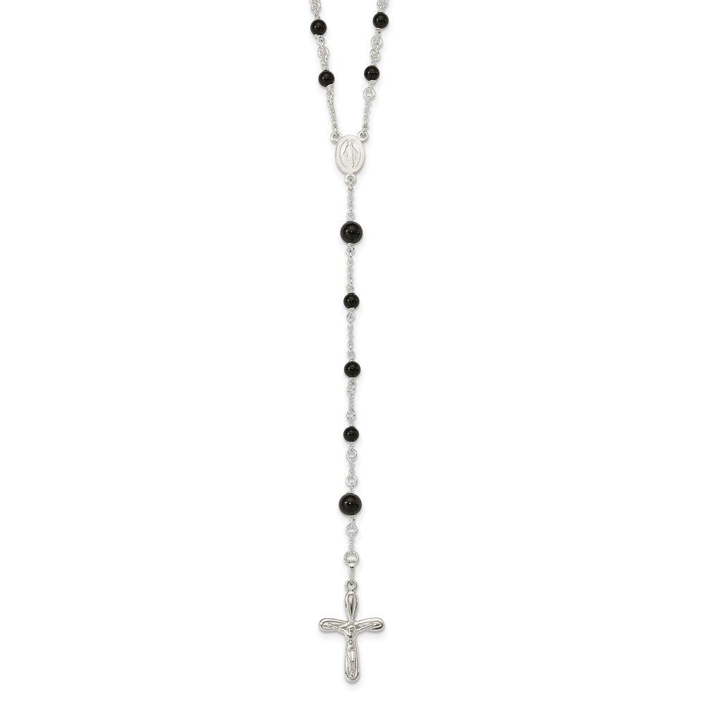 Sterling Silver Polished Black Onyx Rosary Necklace QH4998
