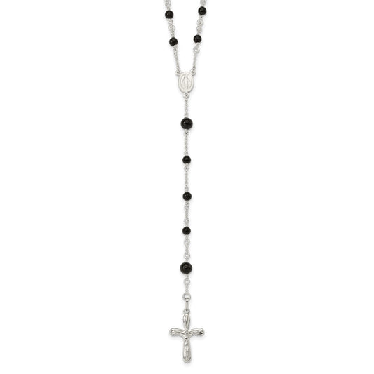 Sterling Silver Polished Black Onyx Rosary Necklace QH4998