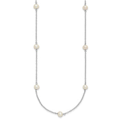 Sterling Silver Rhodium-plated 5-6mm White Near-Round Freshwater Cultured Pearl 9-Station 18 inch NecklaceQH5005