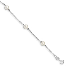 Sterling Silver Rhodium-plated 5-6mm White Round Freshwater Cultured Pearl 5-Station 7 inch Bracelet QH5013-5