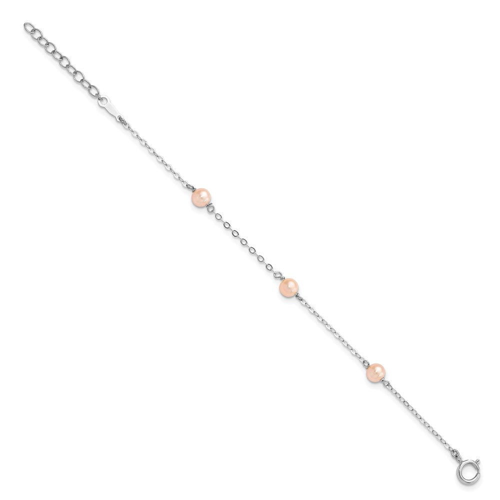 Sterling Silver Rhodium-plated 4-5mm Pink Semi-Round Freshwater Cultured Pearl 3-Station 5 inch with 1 inch Extension Children's Bracelet QH5029-5