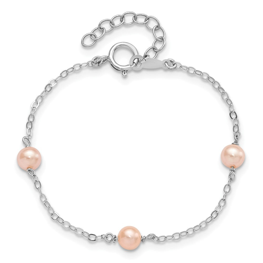 Sterling Silver Rhodium-plated 4-5mm Pink Semi-Round Freshwater Cultured Pearl 3-Station 5 inch with 1 inch Extension Children's Bracelet QH5029-5