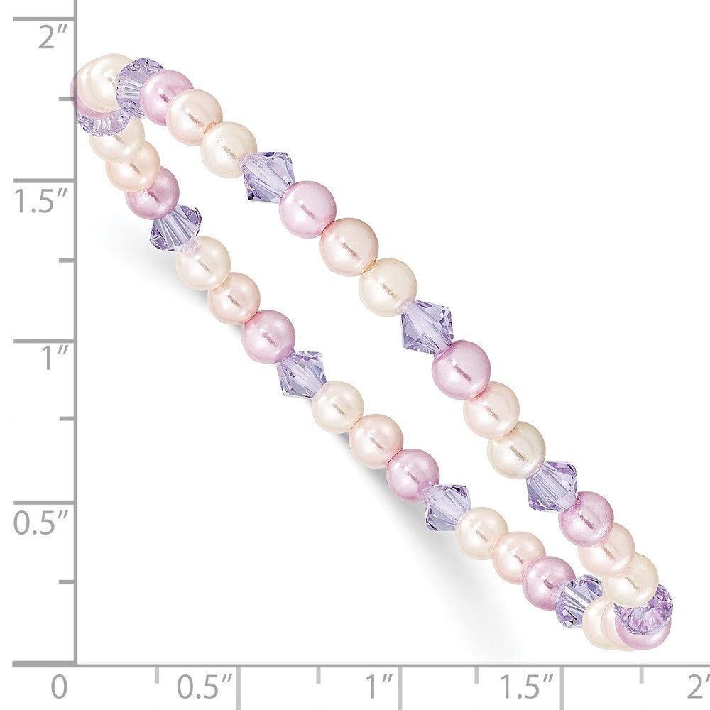 Children's Pink, Purple & White 4mm Shell Bead & Crystal Stretch Bracelet QH5053