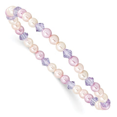 Children's Pink, Purple & White 4mm Shell Bead & Crystal Stretch Bracelet QH5053