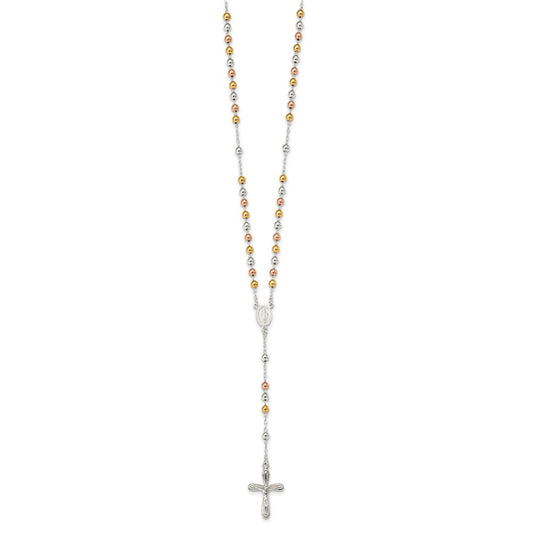 Sterling Silver Polished White Rose and Yellow Bead Rosary 18 inch Necklace QH5125-18