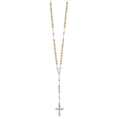 Sterling Silver Polished White Rose and Yellow Bead Rosary 18 inch Necklace QH5125-18