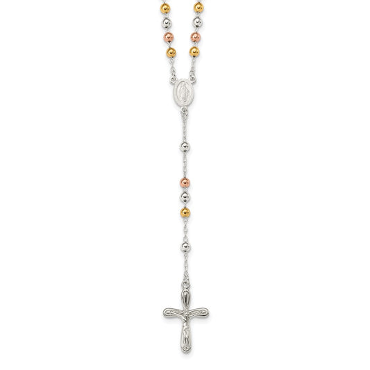 Sterling Silver Polished White Rose and Yellow Bead Rosary 18 inch Necklace QH5125-18