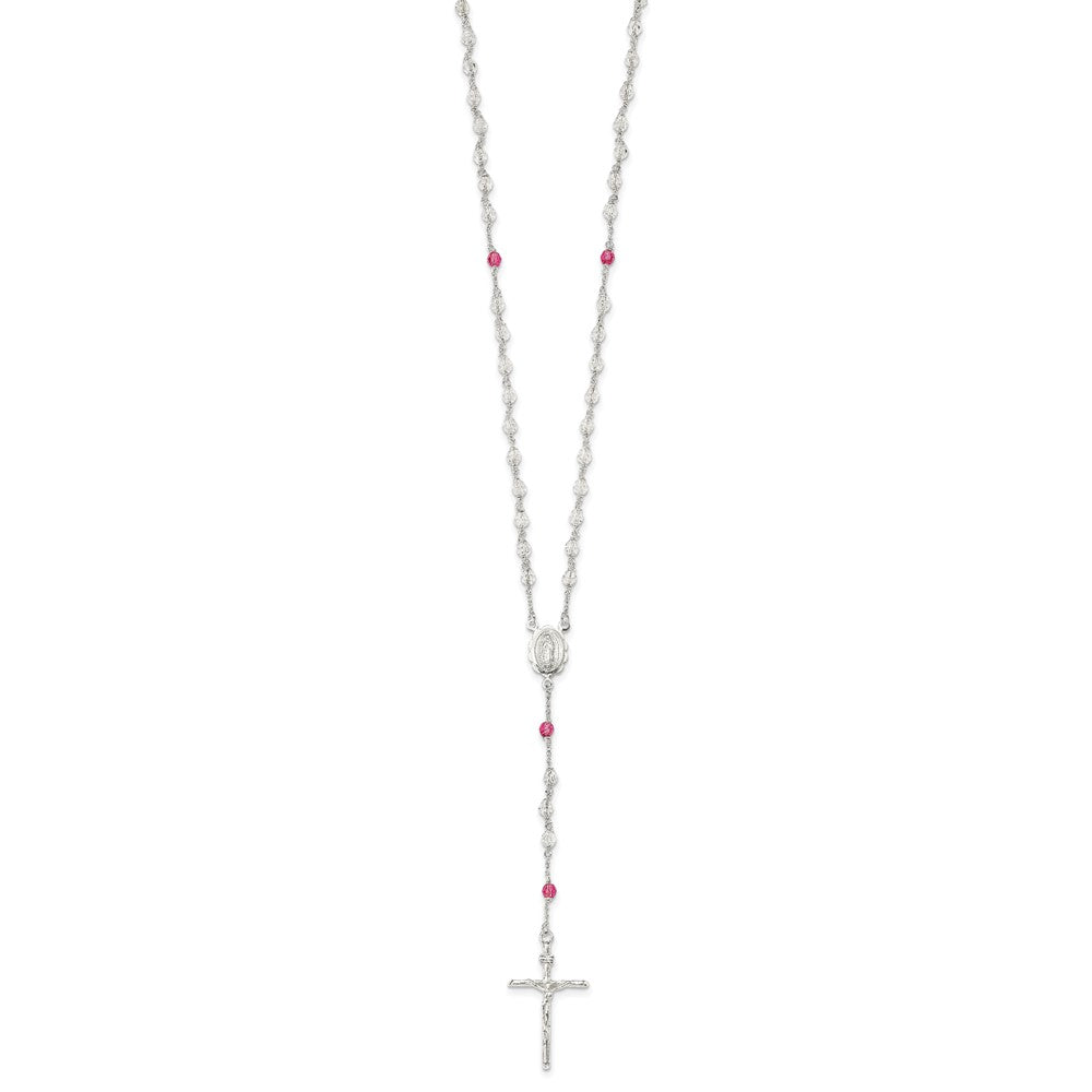 Sterling Silver Polished Crystal Rose Quartz Rosary Necklace QH5132-21.5