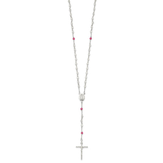 Sterling Silver Polished Crystal Rose Quartz Rosary Necklace QH5132-21.5