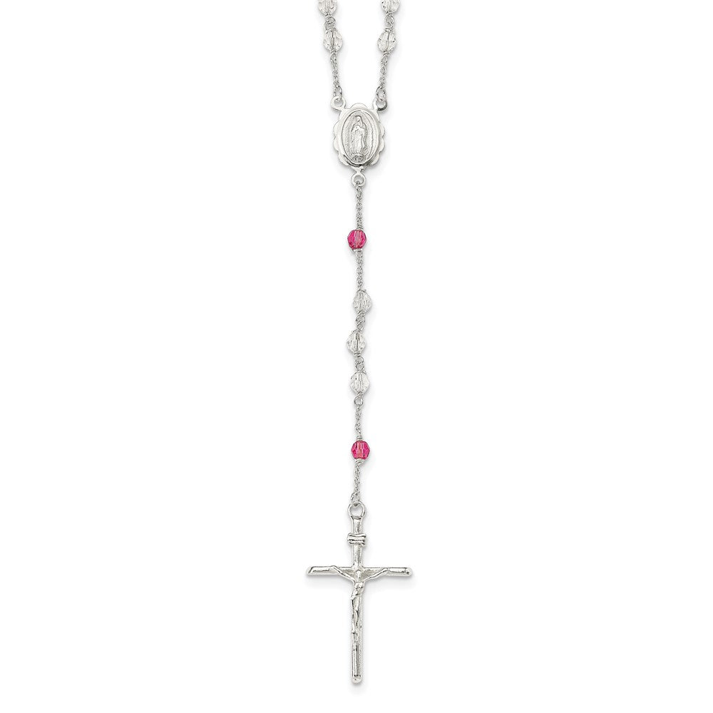 Sterling Silver Polished Crystal Rose Quartz Rosary Necklace QH5132-21.5