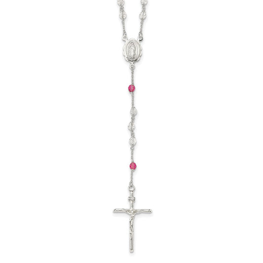 Sterling Silver Polished Crystal Rose Quartz Rosary Necklace QH5132-21.5