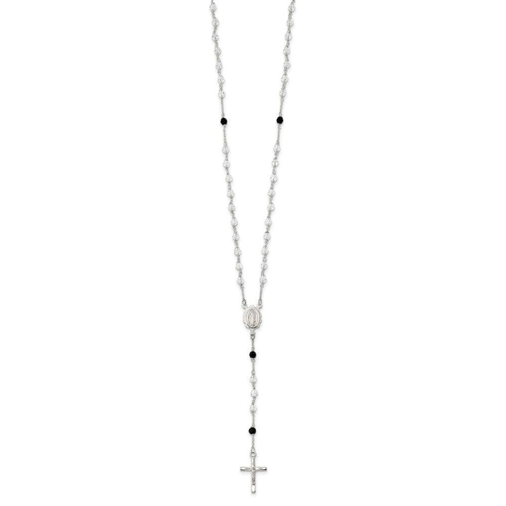 Sterling Silver Polished and Black Crystal Bead Rosary 23.5 inch Necklace QH5134-23.5