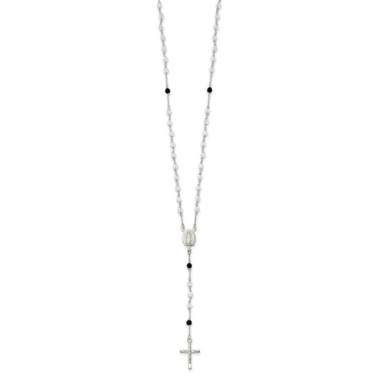 Sterling Silver Polished and Black Crystal Bead Rosary 23.5 inch Necklace QH5134-23.5