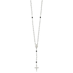 Sterling Silver Polished and Black Crystal Bead Rosary 23.5 inch Necklace QH5134-23.5