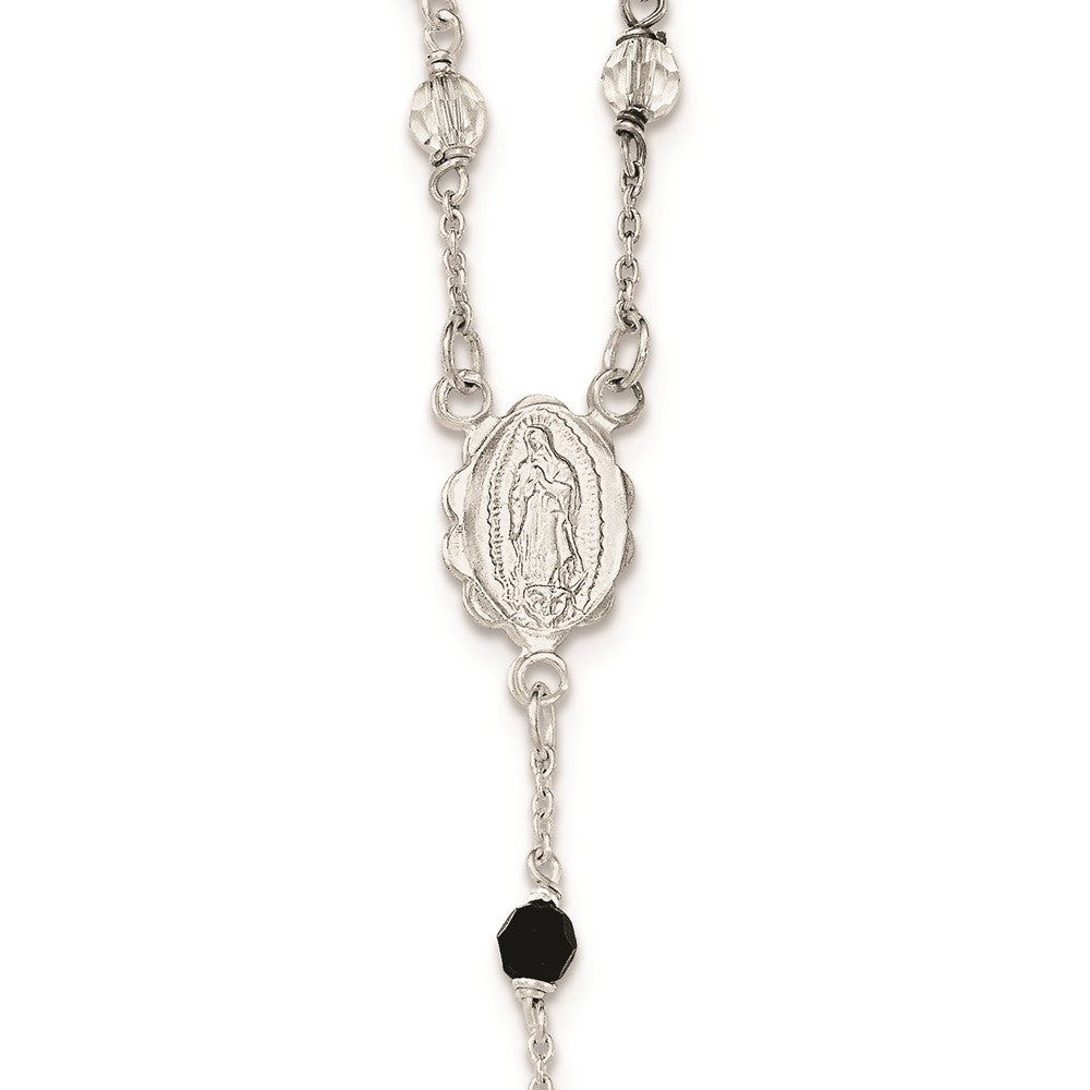 Sterling Silver Polished and Black Crystal Bead Rosary 23.5 inch Necklace QH5134-23.5