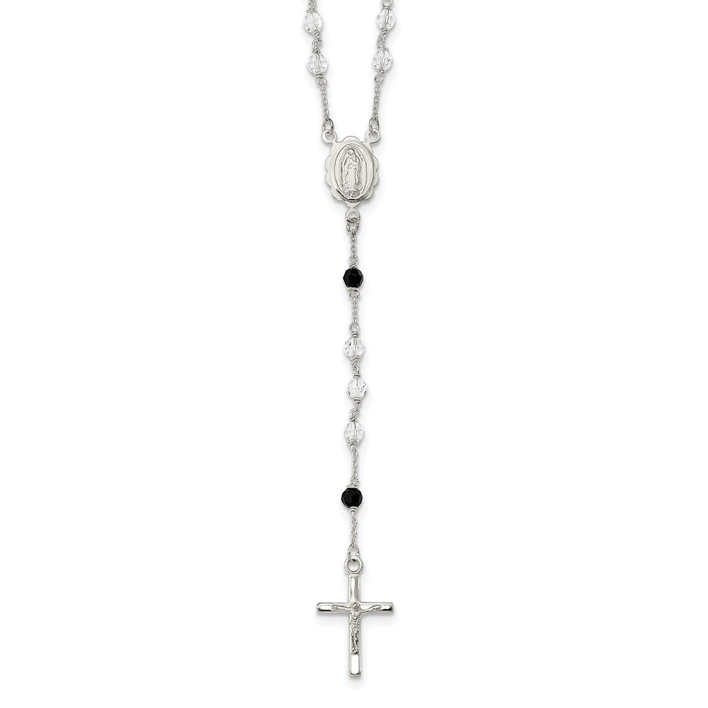 Sterling Silver Polished and Black Crystal Bead Rosary 23.5 inch Necklace QH5134-23.5