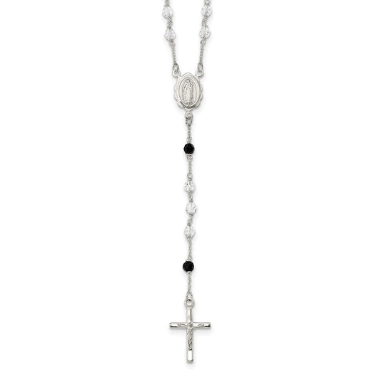Sterling Silver Polished and Black Crystal Bead Rosary 23.5 inch Necklace QH5134-23.5