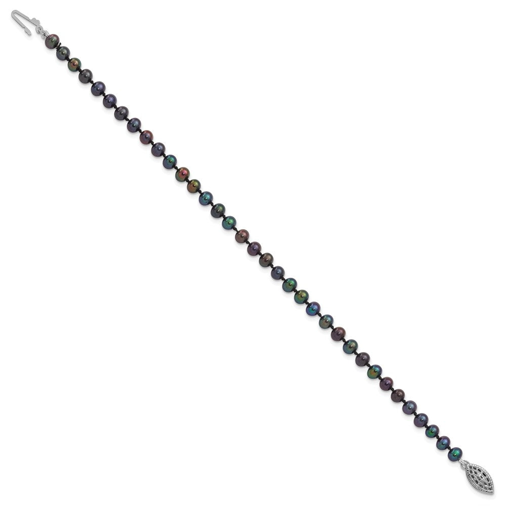 Sterling Silver Rhodium-plated 4-5mm Black Near-Round Freshwater Cultured Pearl 7.25 inch Bracelet QH5152-7.25