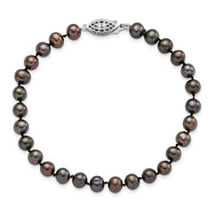 Sterling Silver Rhodium-plated 5-6mm Black Near-Round Freshwater Cultured Pearl 7.25 inch Bracelet QH5153-7.25