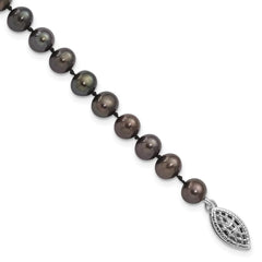 Sterling Silver Rhodium-plated 5-6mm Black Near-Round Freshwater Cultured Pearl 7.25 inch Bracelet QH5153-7.25