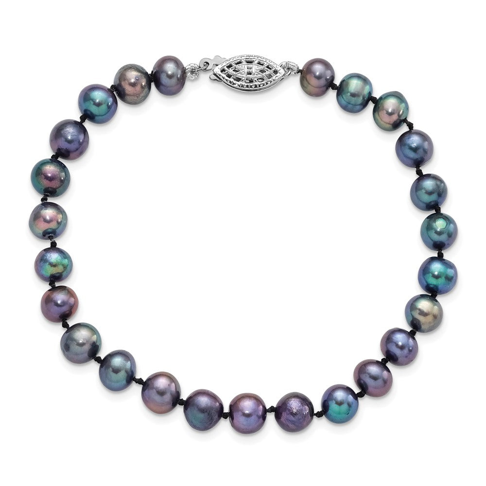 Sterling Silver Rhodium-plated 6-7mm Black Near-Round Freshwater Cultured Pearl 7.25 inch Bracelet QH5154-7.25