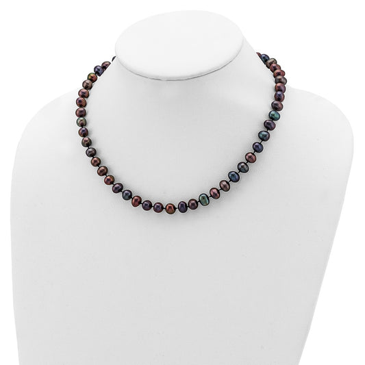 Sterling Silver Rhodium-plated 7-8mm Black Near-Round Freshwater Cultured Pearl 20 inch NecklaceQH5155-16