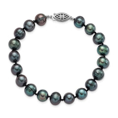 Sterling Silver Rhodium-plated 8-9mm Black Near-Round Freshwater Cultured Pearl 7.25 inch Bracelet QH5156-7.25