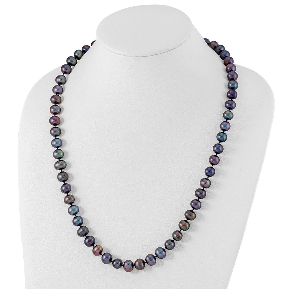 Sterling Silver Rhodium-plated 9-10mm Black Near-Round Freshwater Cultured Pearl 24 inch Necklace QH5157-24